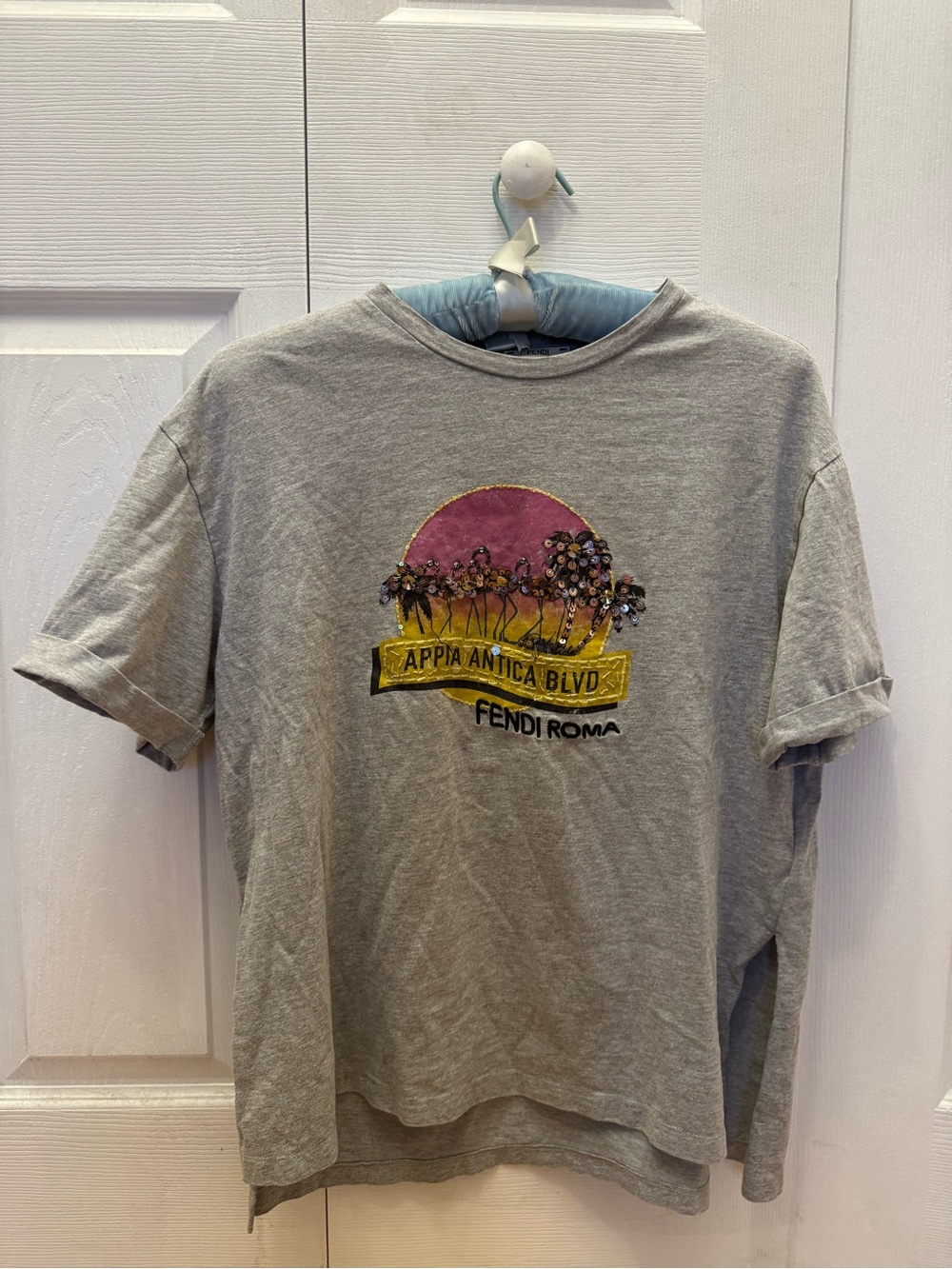 Fendi Gray Tee with Pink and Yellow Graphic